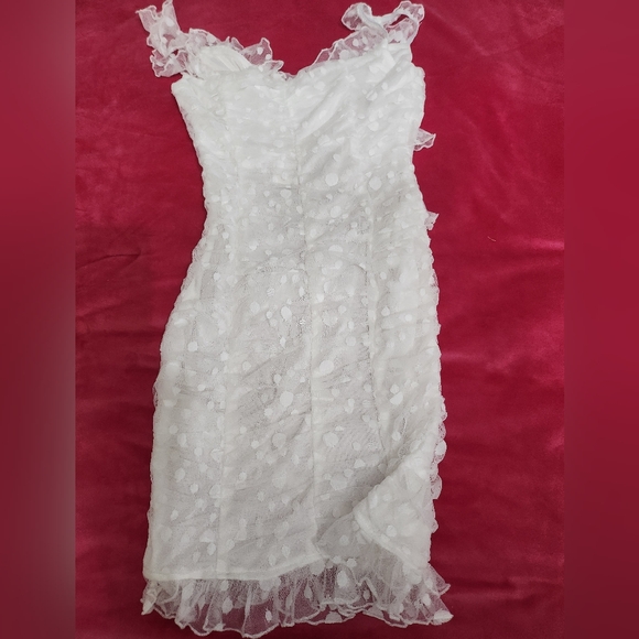 SELFIE LESLIE LA VIDA SWEETHEART NECKLINE FRILL TRIM POLKA DOT MESH DRESS WHITE - Picture 10 of 12